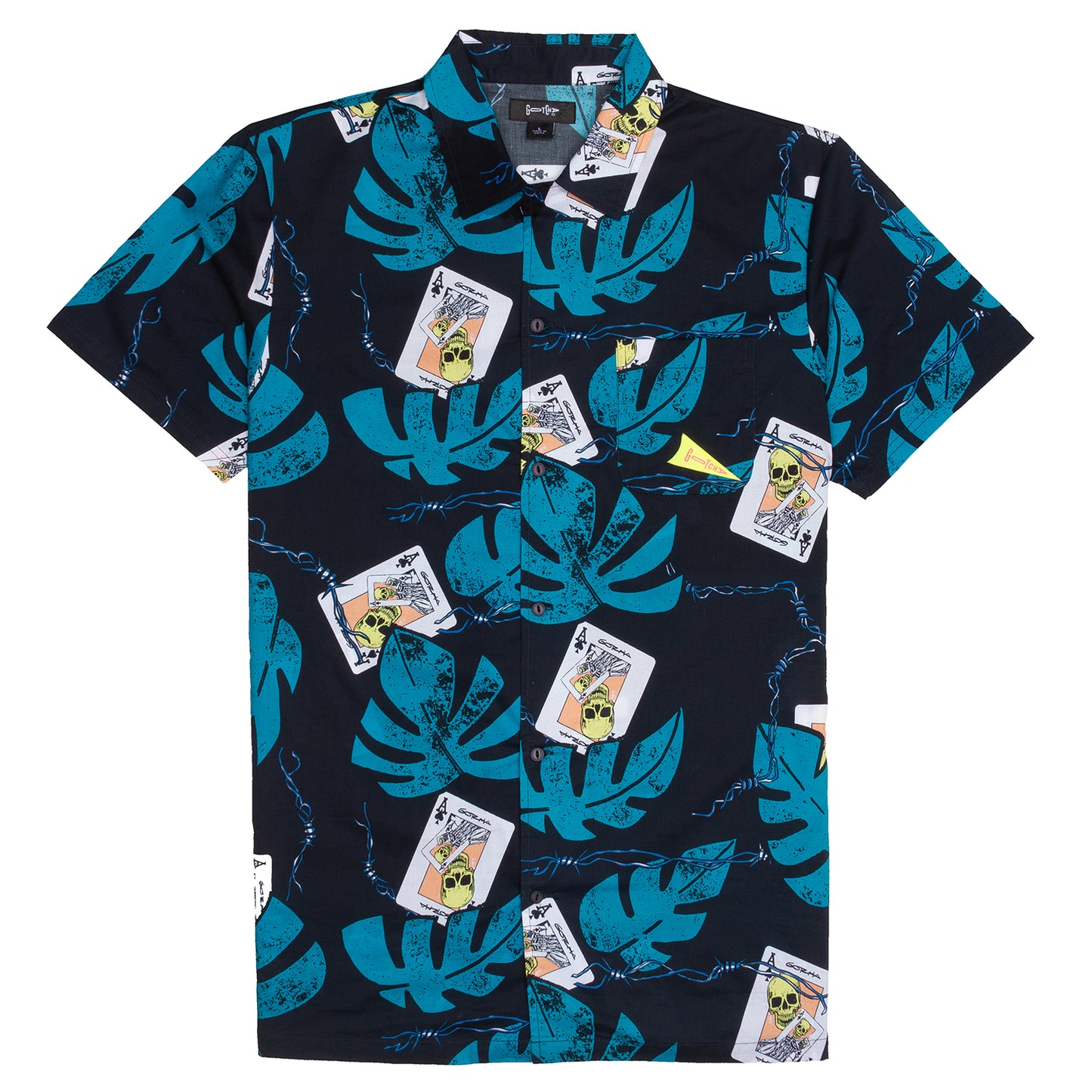 Men’s Cotton Viscose Shirt with Turquoise Leaf and Card Design - Deal