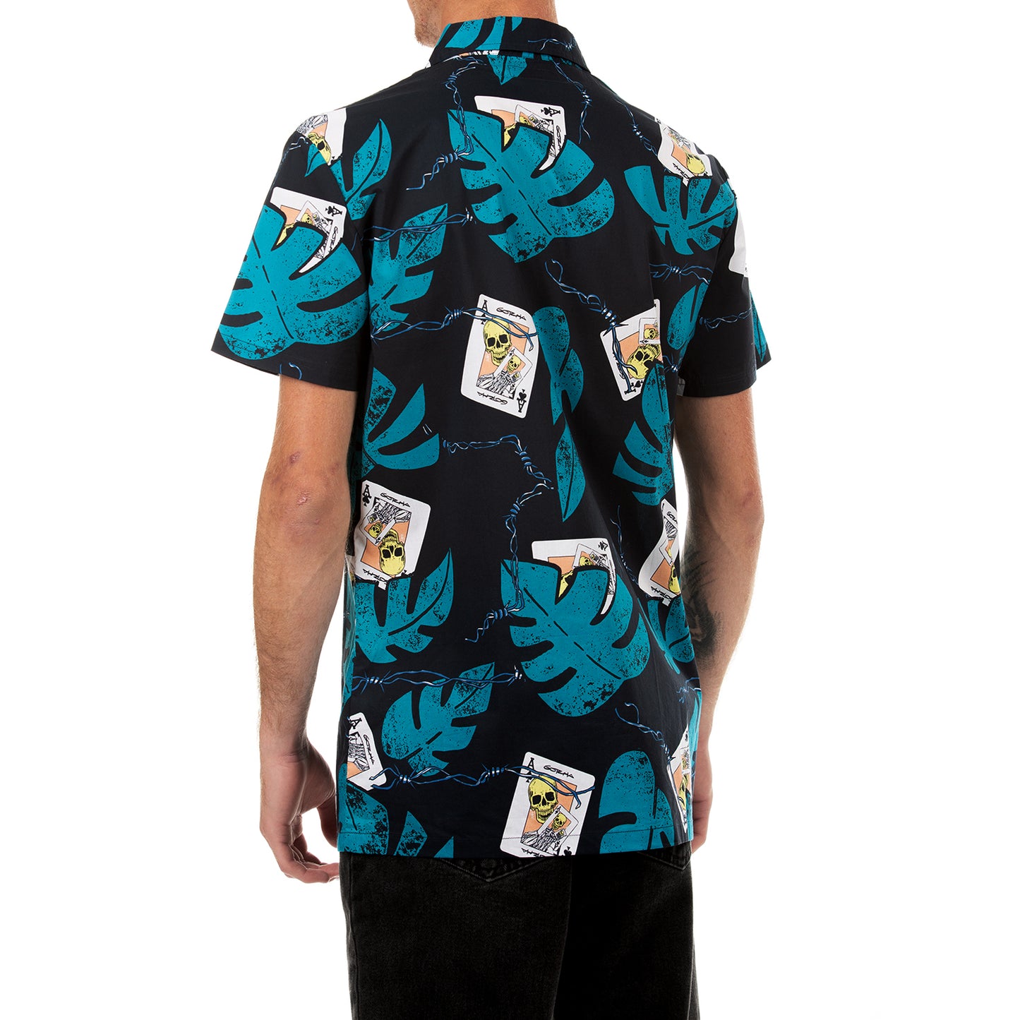 Men’s Cotton Viscose Shirt with Turquoise Leaf and Card Design - Deal