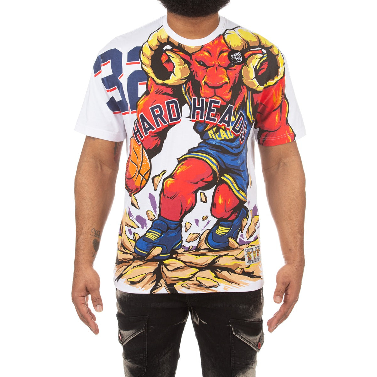 Men's White Graphic Tee with Red and Yellow Bull and ‘32’ Print - Groundbreak Knit Shirt