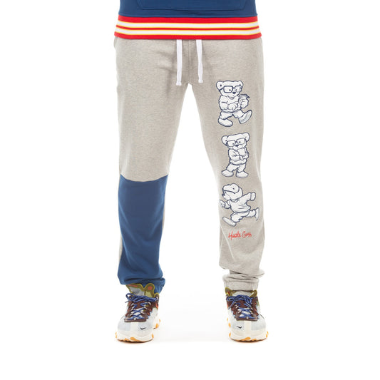 Men’s Grey Hustle Gang Graphic Sweatpants with Bear Illustrations and Blue Contrast Knee Panels