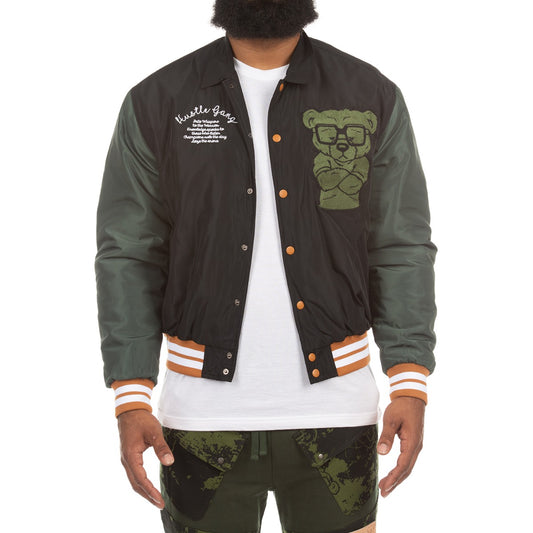 Men’s Two-Toned Jacket with Embroidered Bear Design and Contrasting Sleeve Color