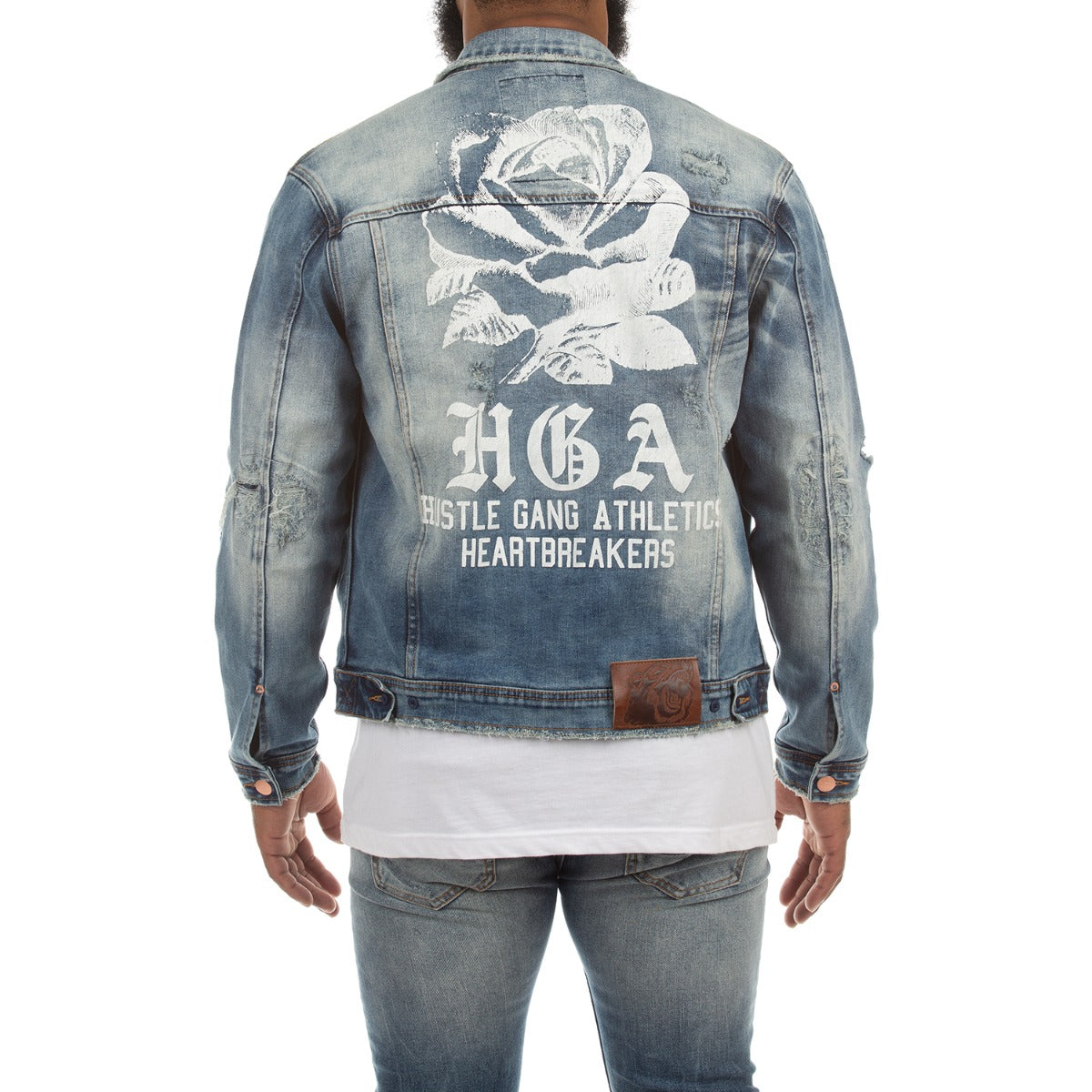 Men’s Faded Blue Stylish Denim Jacket with Multiple Pockets and Graphic Detail