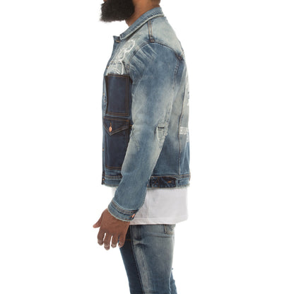 Men’s Faded Blue Stylish Denim Jacket with Multiple Pockets and Graphic Detail