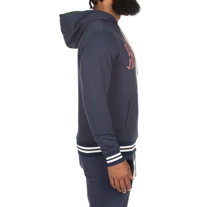 Navy Blue Graphic Hoodie with Embroidered Text and Patch Details - Advance