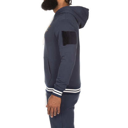 Navy Blue Graphic Hoodie with Embroidered Text and Patch Details - Advance