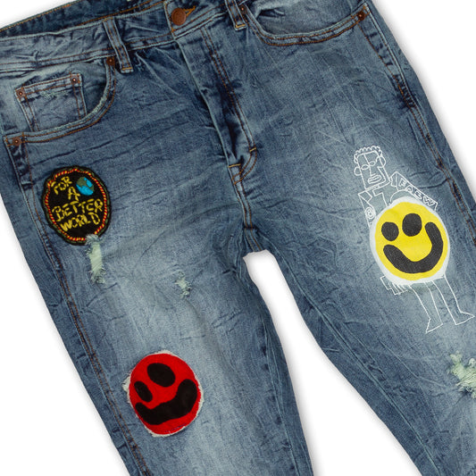 Men’s Distressed Denim Jeans with Rugged Look Patches - Nopah Res Jean