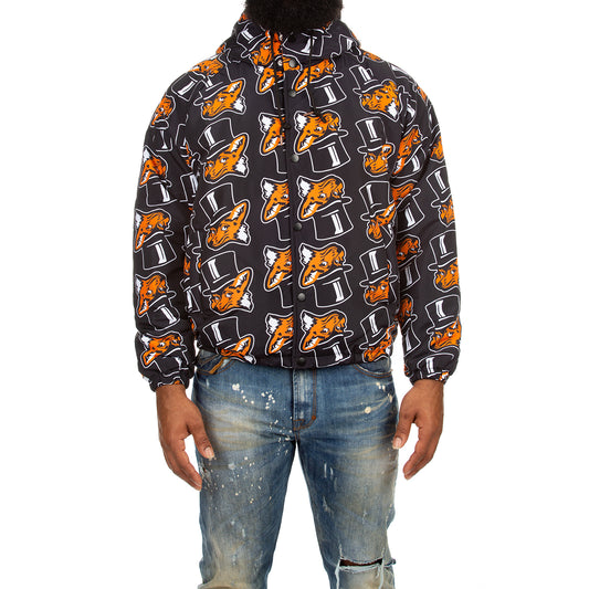 Men’s Orange Fox Head and White Top Hat Patterned Relaxed-Fit Bomber Jacket - Slick'D Bomber