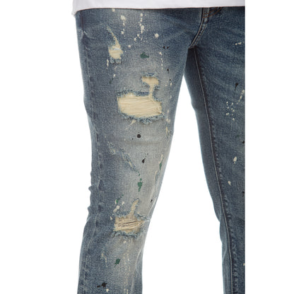 Distressed Slim Fit Jeans with White Paint Splatters - Dark Wash - Trendy and Edgy - Lenox Jean