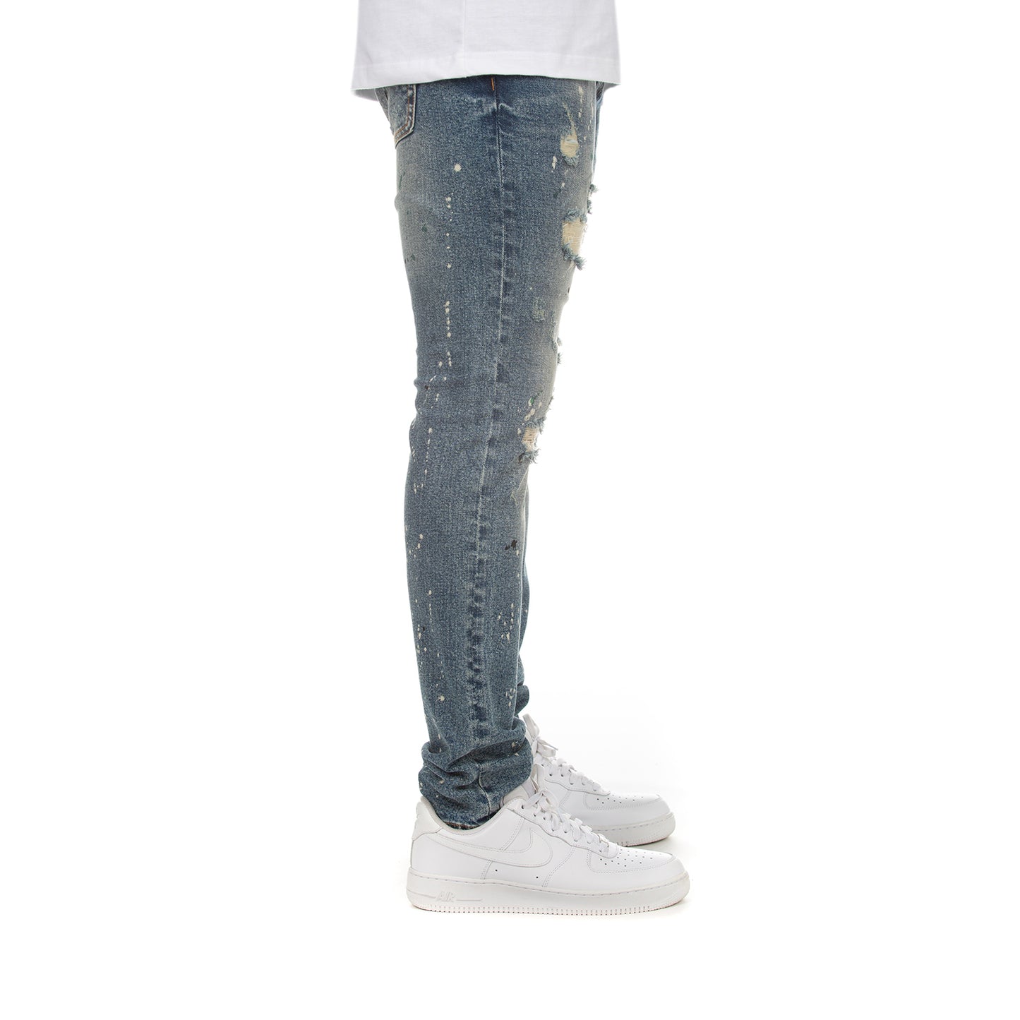 Distressed Slim Fit Jeans with White Paint Splatters - Dark Wash - Trendy and Edgy - Lenox Jean