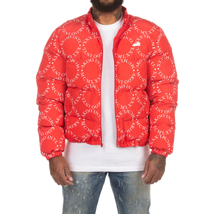 Urban Elegance Red Puffer Jacket with Signature Print Design and Tailored Fit -Intl Puffer Jacket