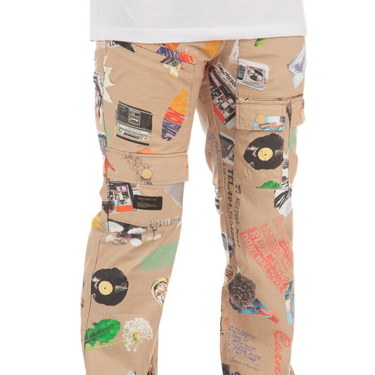 Men’s Solo Brown Cargo Pants with Vinyl Record Prints and Regular Fit