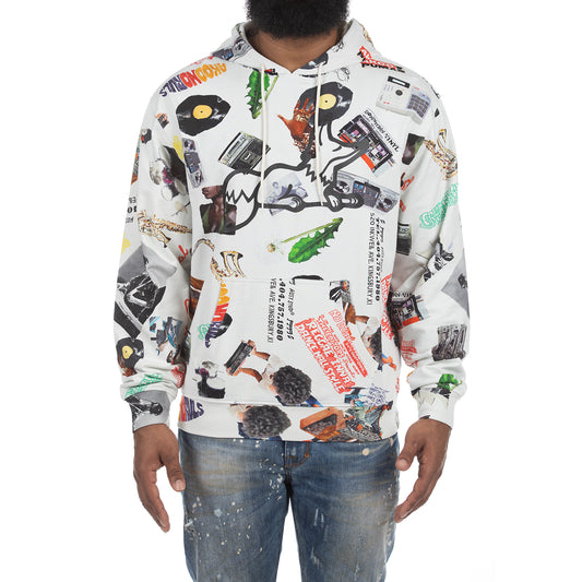 Men’s White Graphic Print Pullover Hoodie with Comic Book Style Expressions and Relaxed Fit - Shatter
