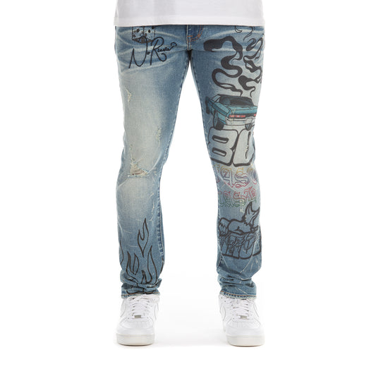 Graffiti Art Slim Fit Jeans - Light Blue - Distressed and Trendy - Clutch Jean