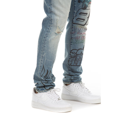 Graffiti Art Slim Fit Jeans - Light Blue - Distressed and Trendy - Clutch Jean