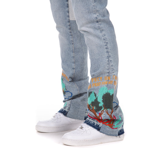 Light Blue Stacked Denim Jeans with Embroidered Hem Design - Prey Jean