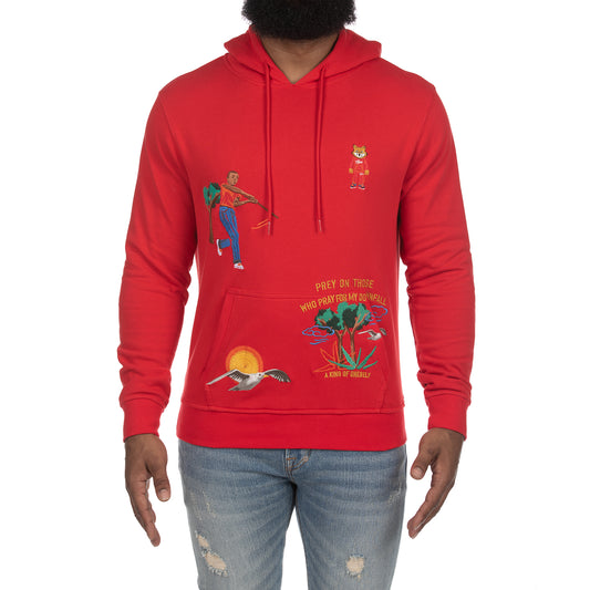 Vibrant Red Hoodie with Unique Graphic Designs - Comfortable and Stylish Men's Sweatshirt