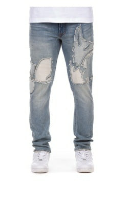Distressed Slim Fit Denim Jeans with Artistic Stitching - Medium Wash - Trendy and Unique - Snobby Dream