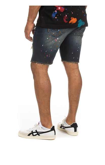 Men's Black Water Paint Splatter Damaged Denim Shorts