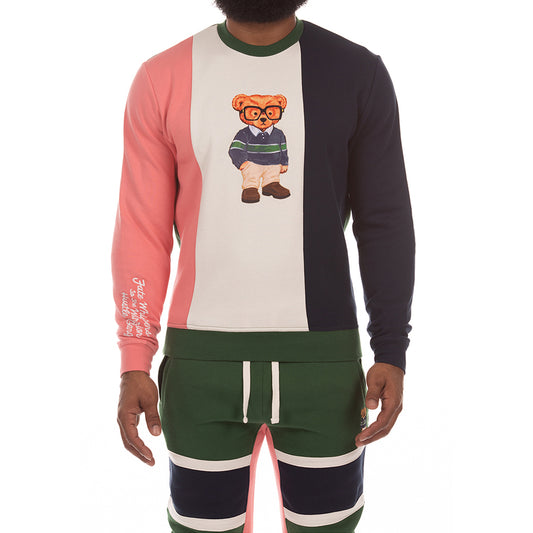 Men's Color-Blocked Crewneck Sweatshirt with Embroidered Cartoon Bear Design - Surge